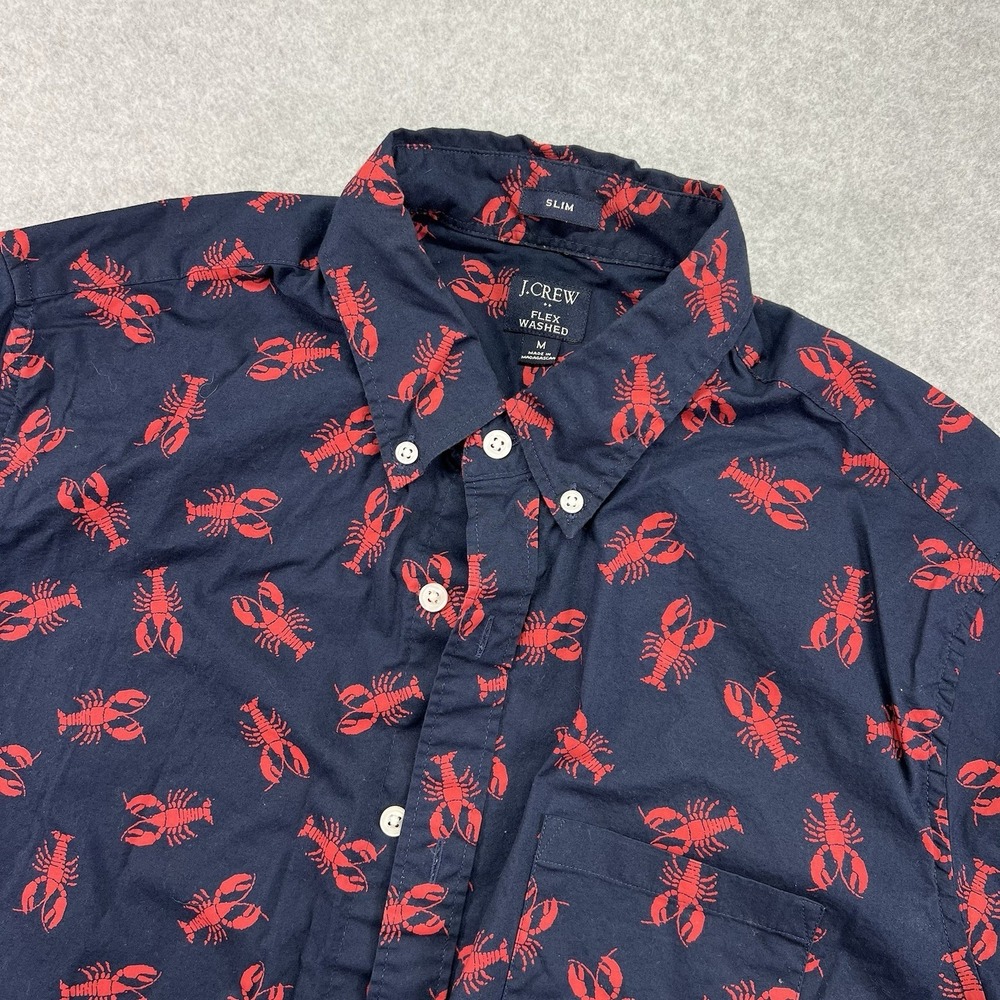 J. Crew Slim Navy Flex-Washed Lobster Casual Short Sleeve Shirt, Men's Medium